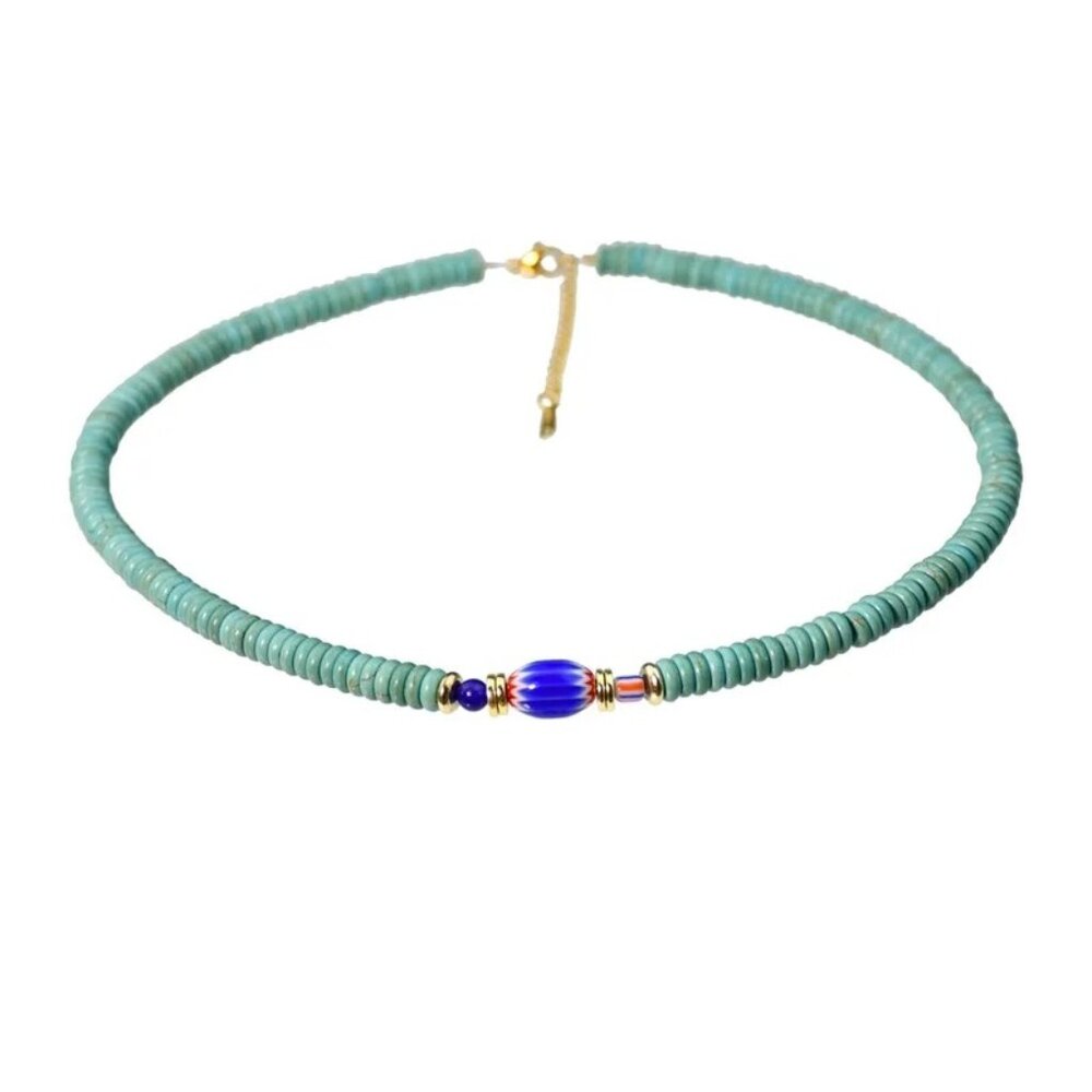 Turquoise Bead Red Blue Glass Trade Bead Gold Tone Layering Necklace 17 Inch